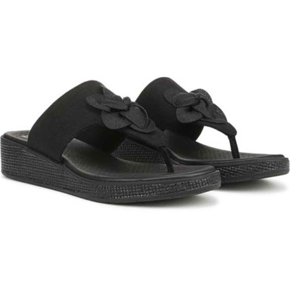 BZees Bloom Stretch Linen Wedge Flip-Flop Sandals Black Floral Women’s 8.5M NIB